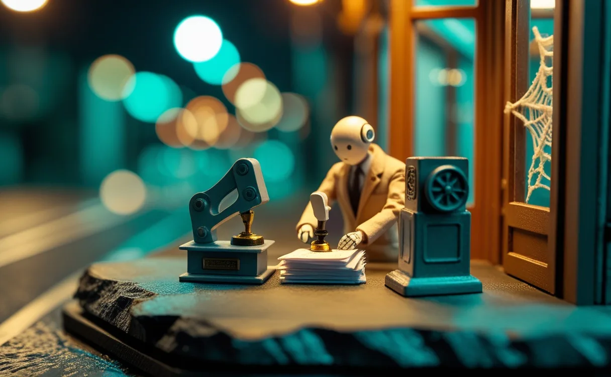 Miniatuur diorama-illustratie bij artikel 'Notarissen zijn 'om' met AI — welke les moet elke MKB-adviseur trekken?'