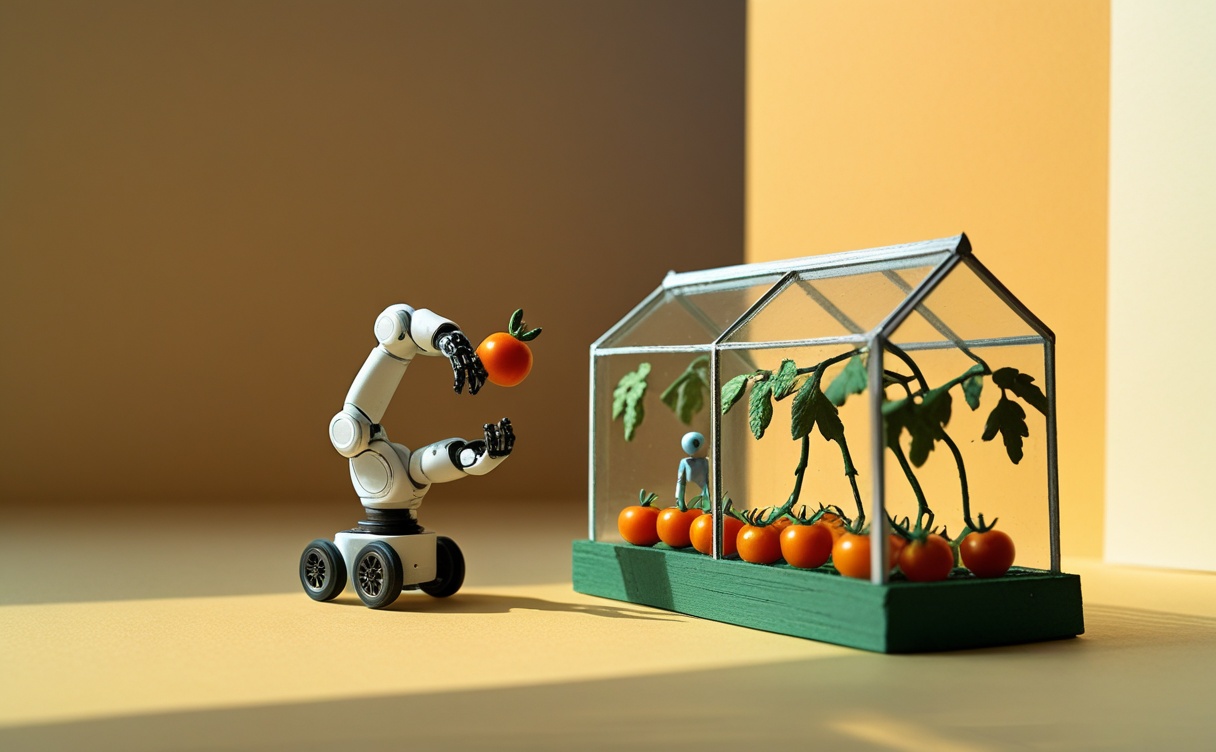 Miniatuur diorama-illustratie bij artikel 'Zuid-Korea bouwt een humanoïde oogstrobot. In Nederlandse kassen plukt er al één'