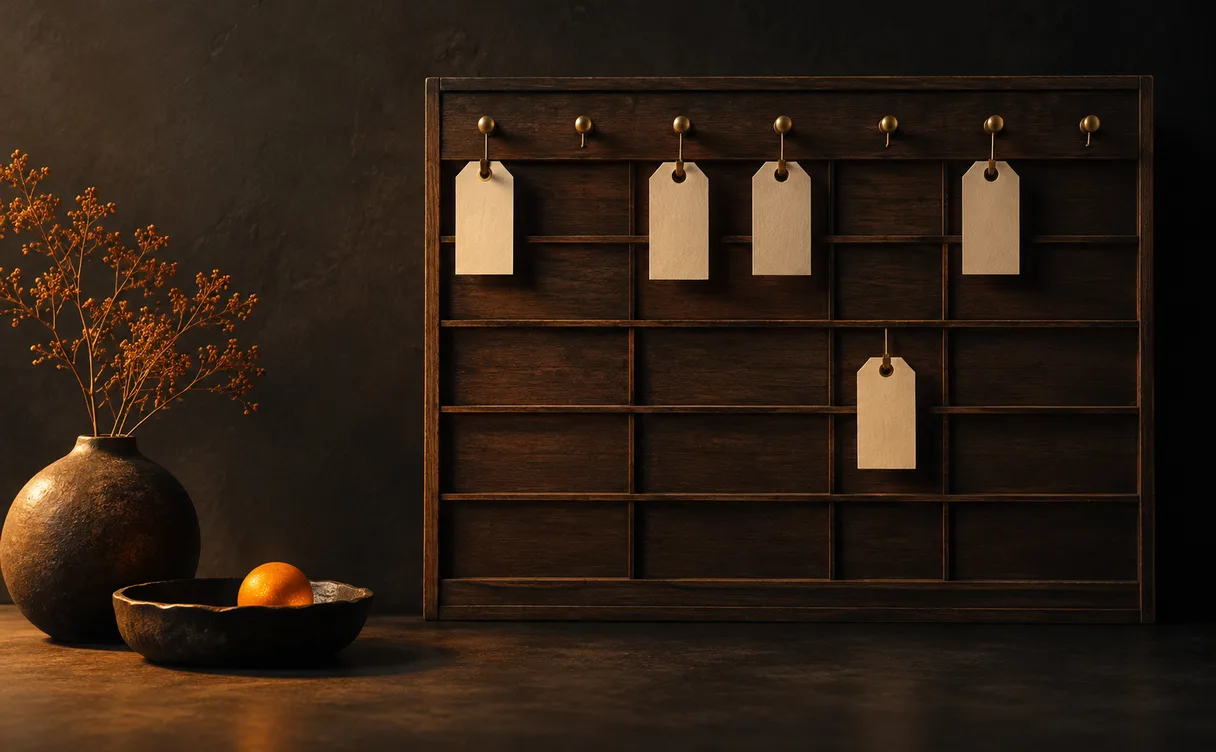 Een houten planbord met koperen haakjes en blanco labels, waarvan één label lager hangt, naast een vaas met droogbloemen
